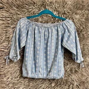 True Craft Denim Blue Top with White Floral Design